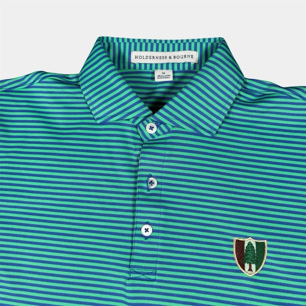 Holderness & Bourne Pine Valley Golf Maxwell Polo Shirt Men Green Stripe Top 100 - Picture 1 of 8